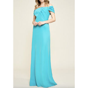 Tadashi Shoji Dress Womens 6 Blue Aquamarine Crepe Off Shoulder Gown